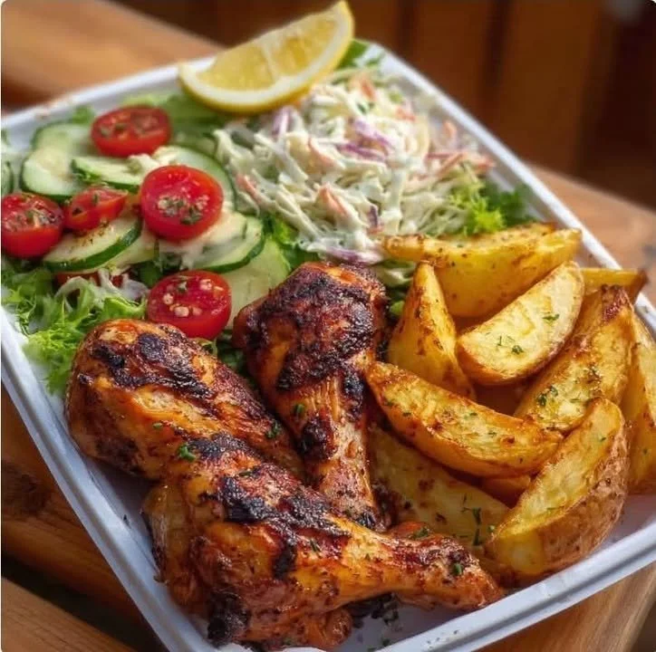 Grilled chicken drumsticks served with crispy potato wedges and a fresh salad