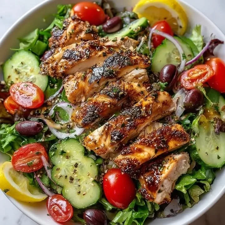 Delicious grilled chicken garden salad with fresh vegetables and vibrant colors