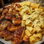 Delicious grilled chicken served with creamy cheese rigatoni pasta dish
