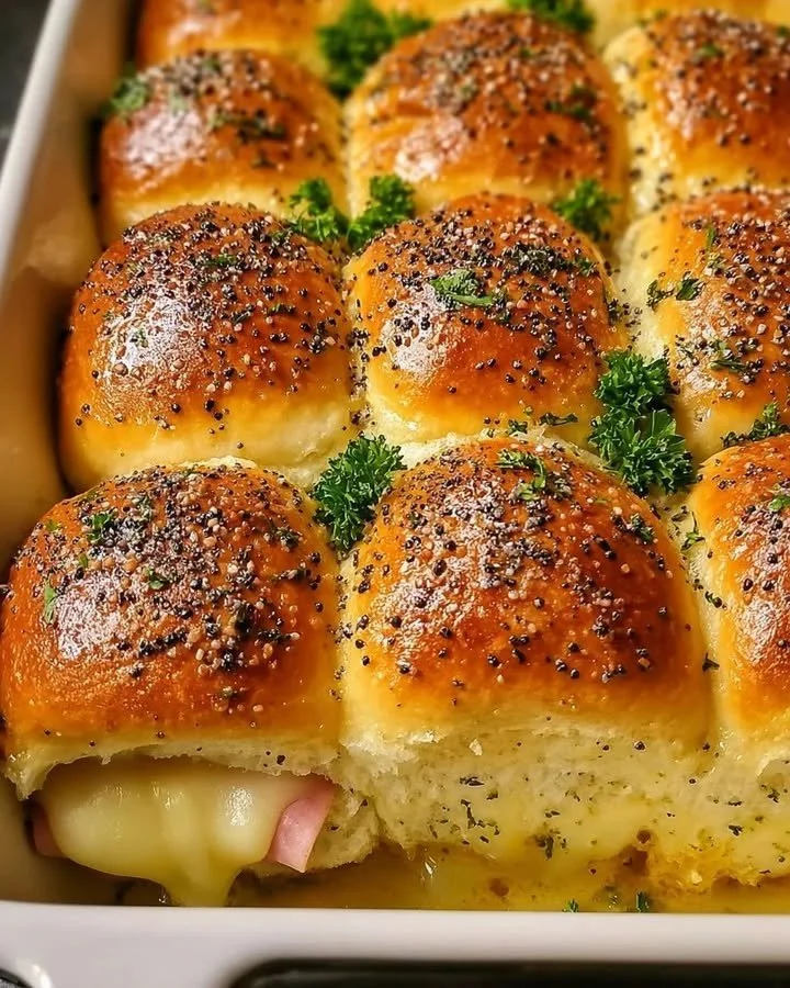 Delicious ham and cheese sliders on a serving platter