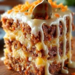 Hawaiian Carrot Pineapple Cake topped with creamy glaze and garnished with pineapple