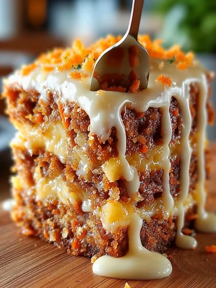Hawaiian Carrot Pineapple Cake topped with creamy glaze and garnished with pineapple
