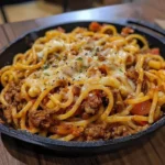 Delicious homemade cowboy spaghetti served in a rustic bowl
