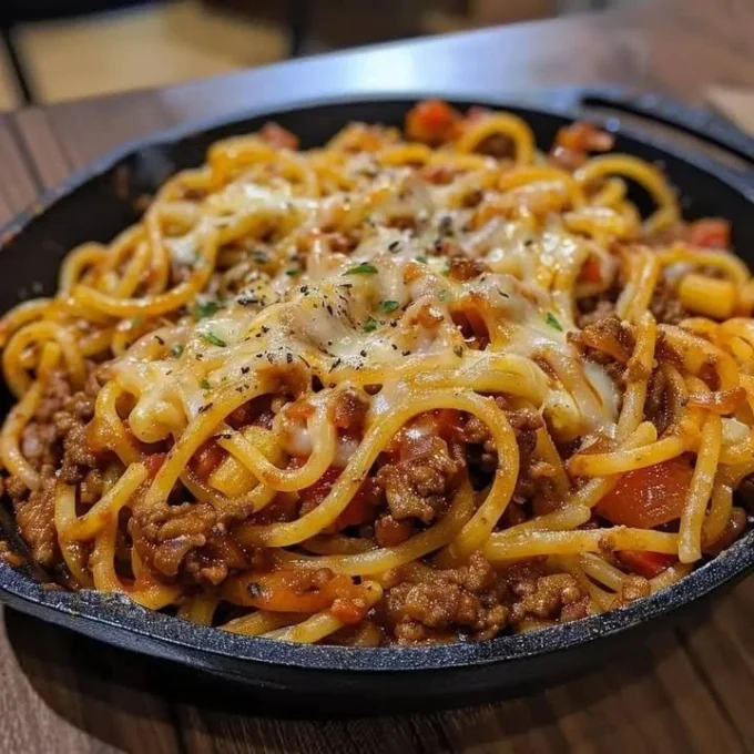 Delicious homemade cowboy spaghetti served in a rustic bowl