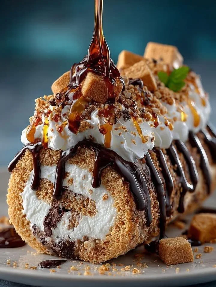 Indulgent caramel chocolate roll dessert with rich chocolate and caramel swirls