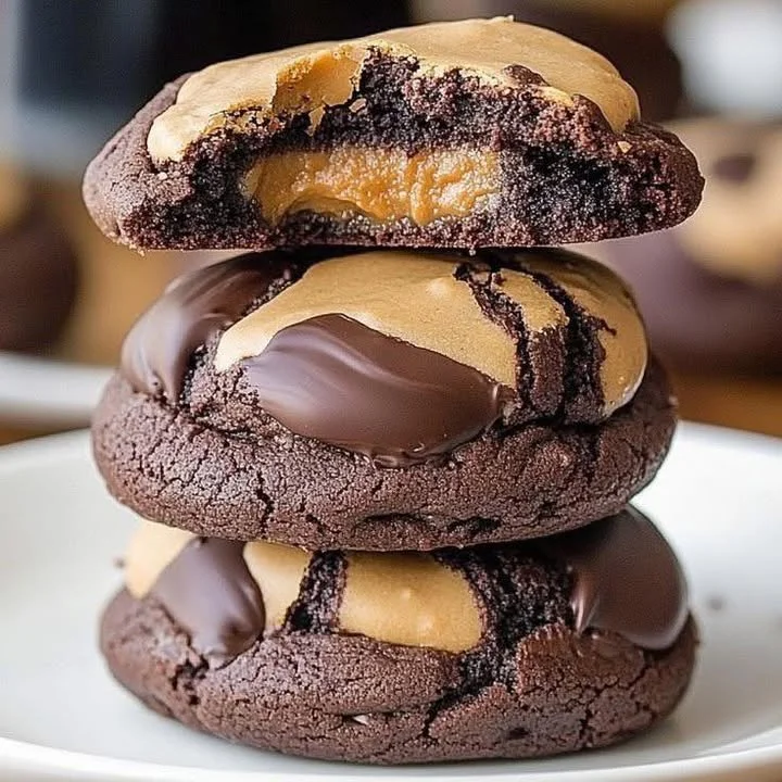Plate of irresistible chocolate peanut butter cookies fresh out of the oven.