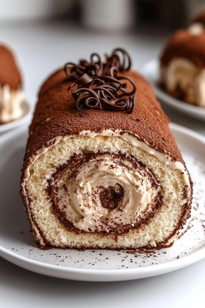 Freshly baked irresistible chocolate swirl roll with rich chocolate filling