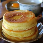 Fluffy Japanese-style souffle pancakes topped with syrup and berries