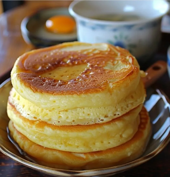 Fluffy Japanese-style souffle pancakes topped with syrup and berries