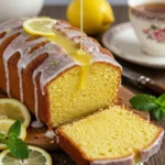 Slice of moist and zesty Lemon Pound Cake on a white plate