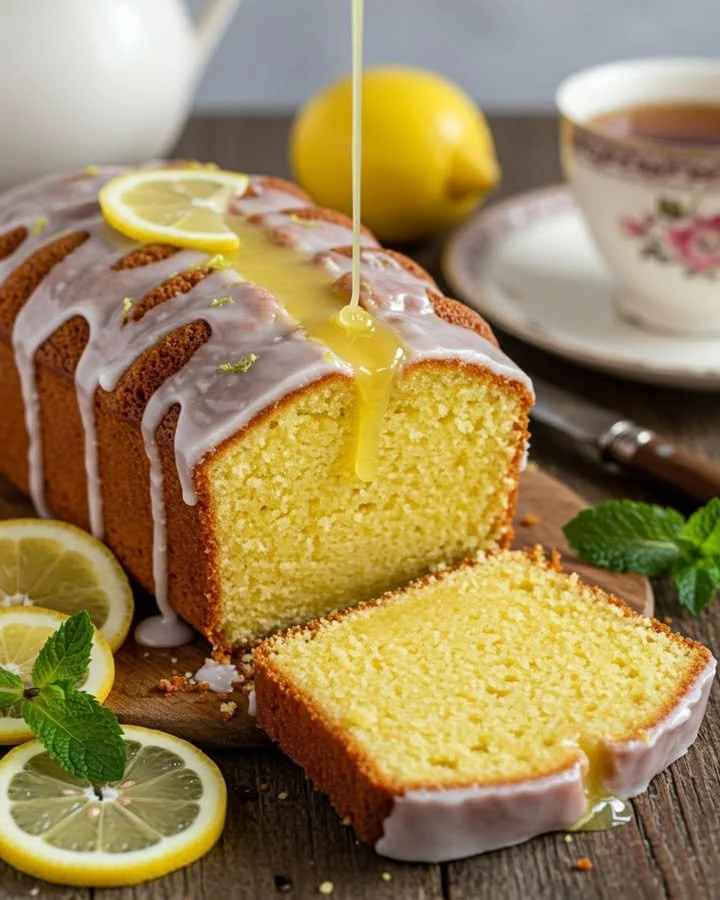 Slice of moist and zesty Lemon Pound Cake on a white plate
