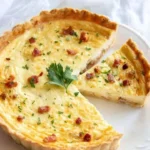 Delicious Lorraine quiche with cheese and bacon served on a plate