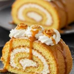 Delicious caramel cream roll topped with creamy caramel sauce and garnished.