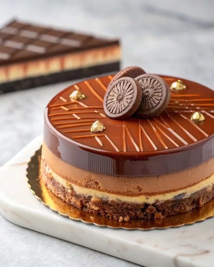Delicious milk chocolate and caramel dessert topped with chocolate drizzle