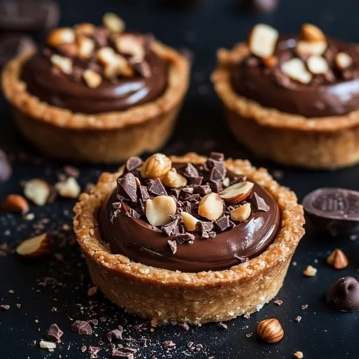 Delicious mini chocolate hazelnut tartlets served on a decorative plate.