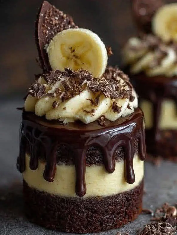 Mini chocolate banana mousse cakes topped with chocolate drizzle and banana slices