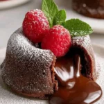 Molten chocolate lava cake with raspberries served on a plate