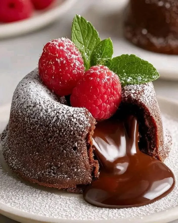 Molten chocolate lava cake with raspberries served on a plate