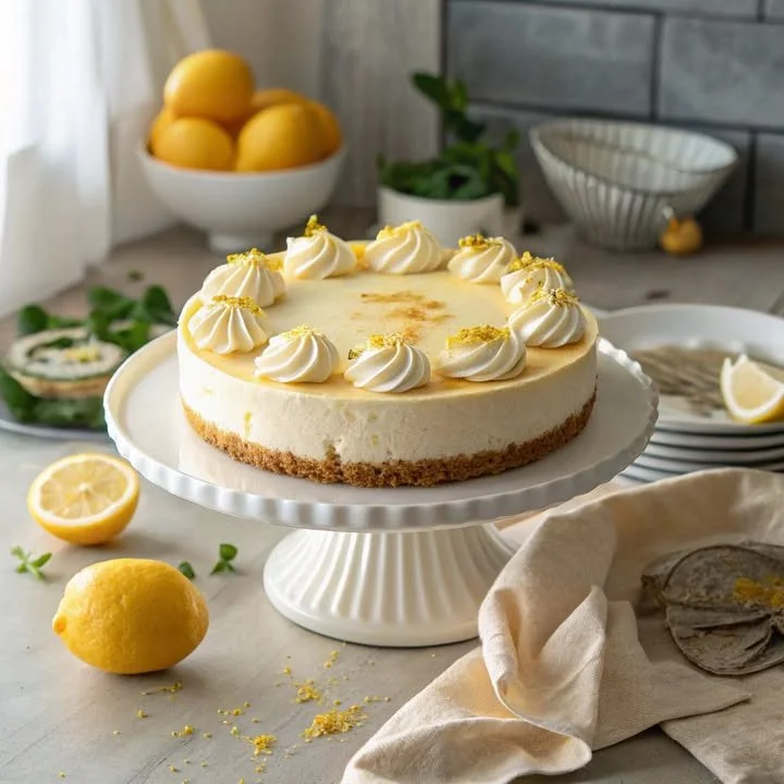 Delicious no-bake lemon cheesecake topped with fresh lemon slices