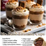 Delicious no-bake tiramisu cups in elegant dessert glasses topped with cocoa.