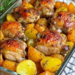Oven-baked chicken thighs served with crispy potatoes on a plate