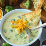 Delicious bowl of Panera copycat broccoli cheese soup topped with cheese.