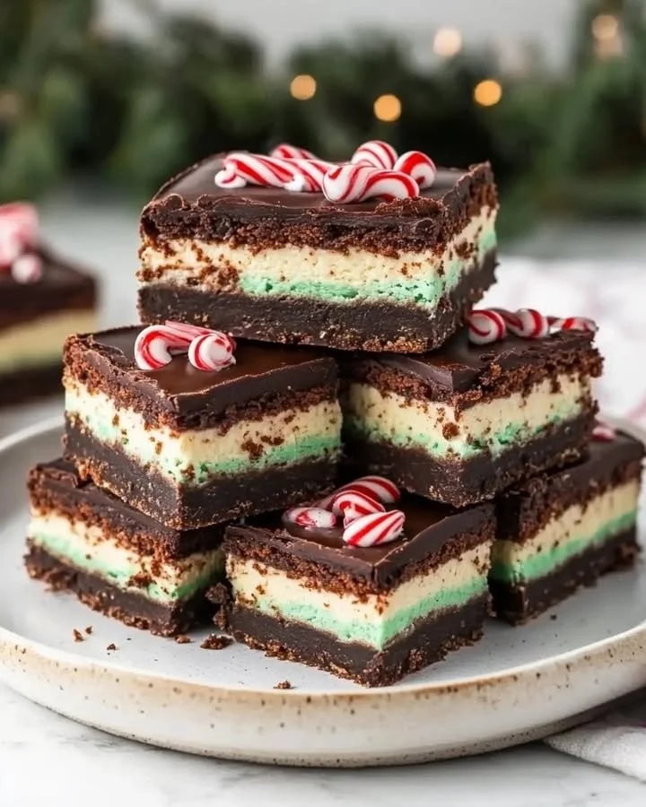 Gluten-free peppermint cheesecake bars topped with crushed peppermint candy