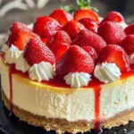 Delicious slice of perfect strawberry cheesecake topped with fresh strawberries