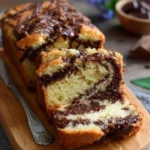 Moist and delicious marble cake with chocolate and vanilla swirls.