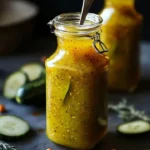 Bottle of pickle juice hot sauce with peppers and pickles beside it