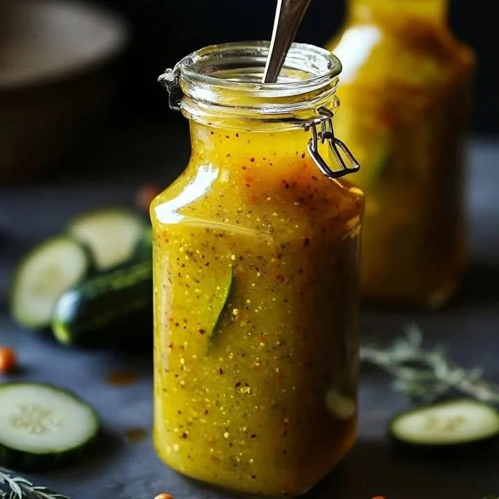 Bottle of pickle juice hot sauce with peppers and pickles beside it