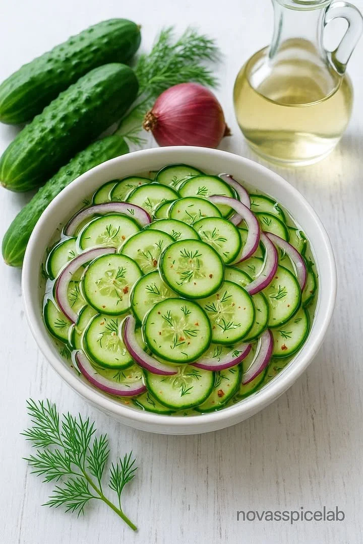 Delicious pickled cucumber salad garnished with fresh herbs