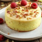 Pistachio and raspberry sweet cake topped with fresh berries and nuts