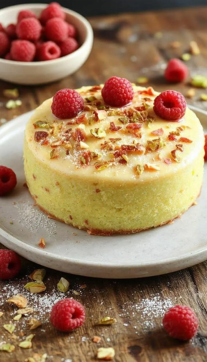Pistachio and raspberry sweet cake topped with fresh berries and nuts