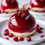 Pomegranate Mousse glossy mousse domes on a white plate, garnished with pomegranate seeds.