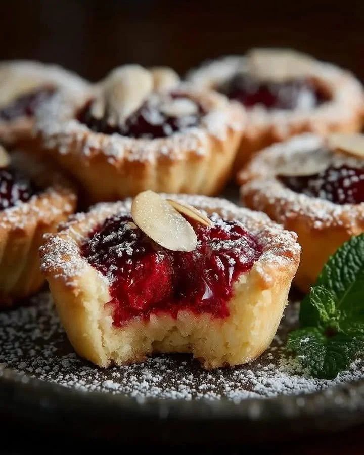 Delicious Raspberry Almond Tartlets on a dessert plate