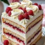 Delicious raspberry layer cake with fresh raspberries and creamy frosting.