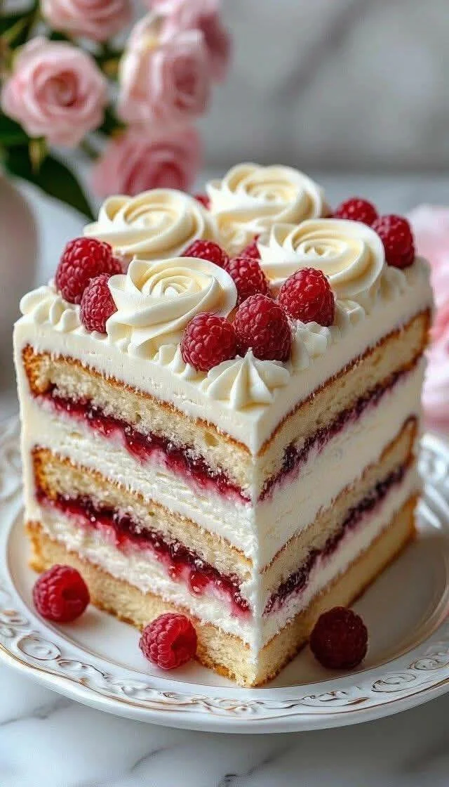 Delicious raspberry layer cake with fresh raspberries and creamy frosting.