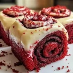 Red velvet cinnamon rolls with cream cheese glaze on a plate