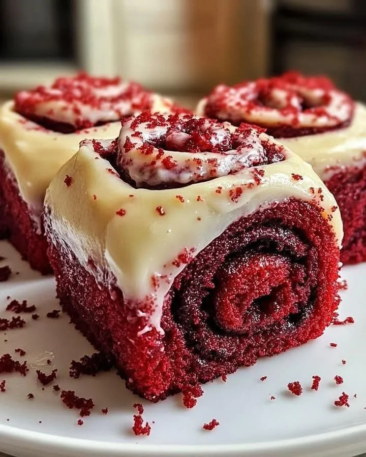 Red velvet cinnamon rolls with cream cheese glaze on a plate