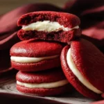 Delicious Red Velvet Cookie Sandwiches filled with cream cheese frosting on a plate