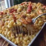 Creamy Seafood Macaroni with Colby Jack Cheese served in a bowl