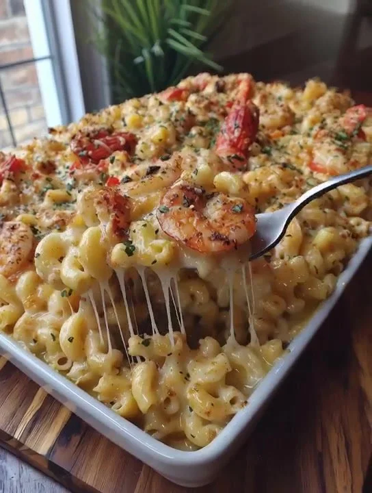 Creamy Seafood Macaroni with Colby Jack Cheese served in a bowl
