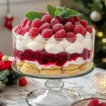 Simple Christmas Raspberry Trifle with layers of cream and fresh raspberries