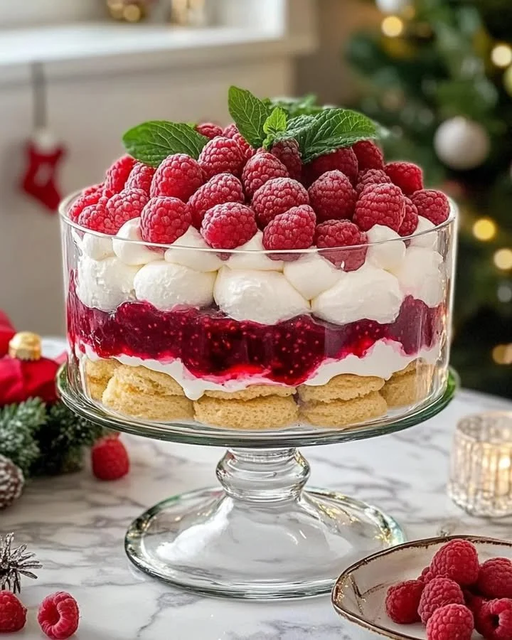 Simple Christmas Raspberry Trifle with layers of cream and fresh raspberries