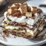 Delicious S'mores Lasagna with layers of chocolate, marshmallow, and graham crackers
