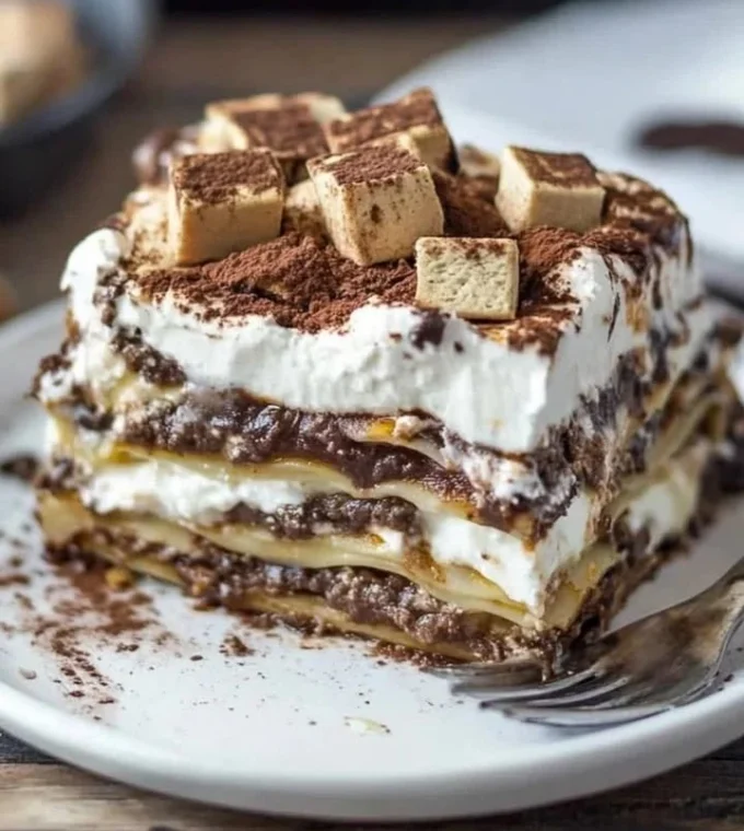 Delicious S'mores Lasagna with layers of chocolate, marshmallow, and graham crackers