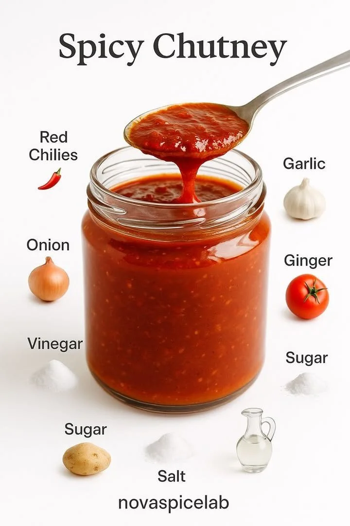 A jar of homemade spicy chutney showcasing its vibrant color and texture
