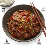 Spicy Garlic Beef Stir Fry with colorful vegetables and savory sauce