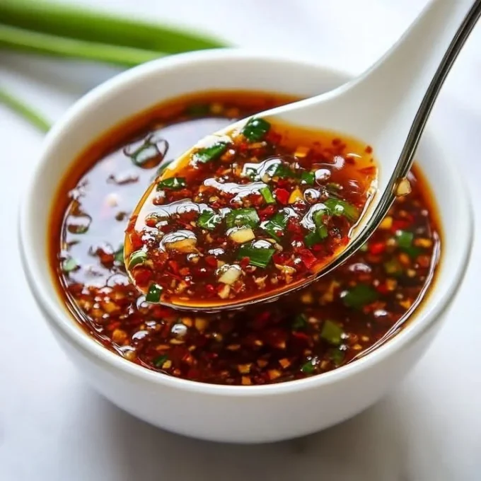 Spicy honey garlic dipping sauce in a small bowl with fresh garlic and honey